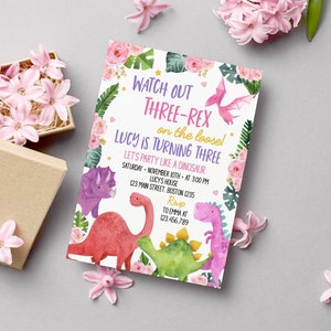 EDITABLE Dinosaur Birthday Invitation Girl, Three Rex Invitation, Dinosaur Invitation, Three-Rex Birthday Invite, Printable Template D006