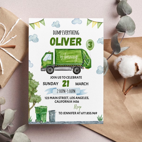 REDIGERBAR Födelsedagsinbjudan till sopbil, sopbilsinbjudan, dumpa allt, återvinningsfest, utskrivbar mall, direktnedladdning. T007