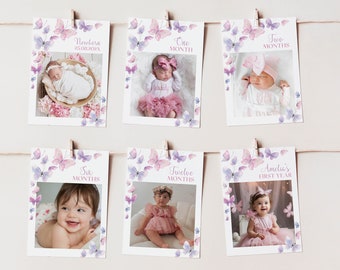 Butterfly 1st Birthday Photo Banner, Butterfly First Year Milestone Card, Flutter Butterfly Birthday Party Decor, Printable Template. B011