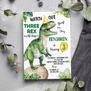 EDITABLE Three Rex Invitation, Dinosaur Birthday Invitation, 3 Rex Birthday Invitation, Three Rex Birthday Invitation, Instant Download D002