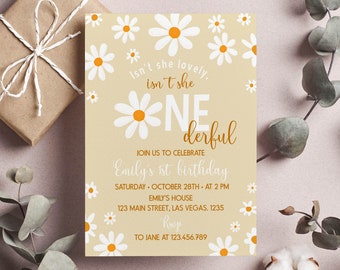 Retro Daisy Birthday Party Invitation, Daisy 1st Birthday Invitation, Isn't She Lovely Isn't She Onederful Invite, Instant Download. D012