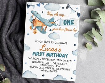 Editable Airplane First Birthday Invitation, Boy Airplane 1st Birthday Party Invite, Oh My One Year Has Flown By, Printable Template. #A001