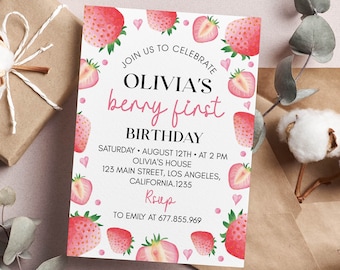 Editable Strawberry First Birthday Invitation, Berry 1st Birthday Invitation, Berry Sweet Birthday Party Invite, Instant Download. #S008