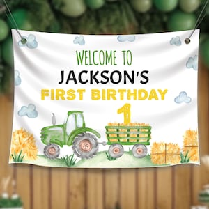 EDITABLE Tractor Birthday Party Backdrop, Green Tractor Birthday Banner, Farm Welcome Sign, Farm Boy Birthday Decor, Printable Template T003
