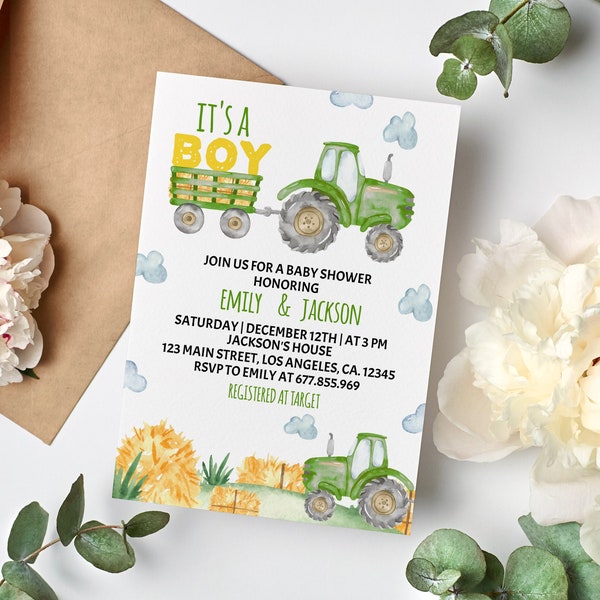 EDITABLE Tractor Baby Shower Invitation, Green Tractor Invitation, Oh Boy Invite, Farm Baby Shower Invitation, Printable Template. #T003