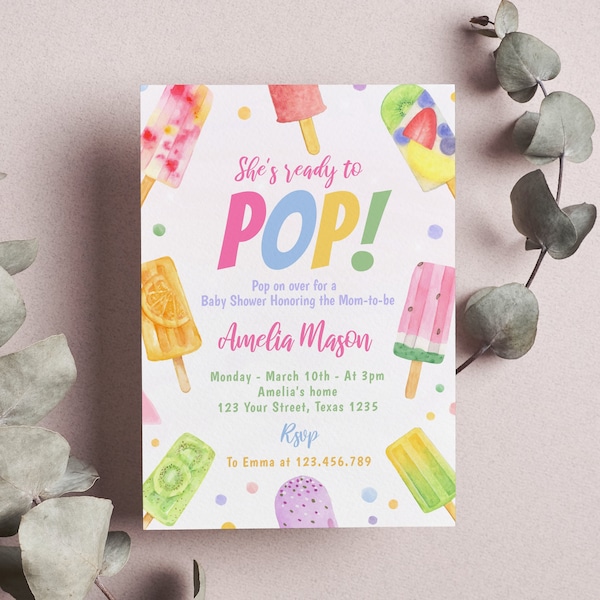 EDITABLE Popsicle Baby Shower Invitation, She's Ready To Pop Baby Shower Invitation, It's A Girl Baby Shower Invitation, Printable P008