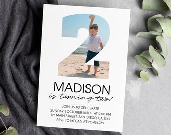 Second Birthday Invitation, Modern 2nd Birthday Invite, Minimal Photo Birthday Invitation, Simple Birthday Invite, Instant Download. #M004