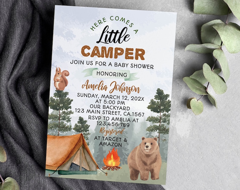 Editable Camping Baby Shower Invitation Adventure Baby Shower Invitation Woodland Little Camper Party Invite Printable