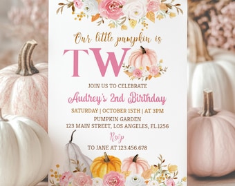 EDITABLE Our Little Pumpkin Is Turning Two Invitation, Fall Autumn Floral Birthday Invite, Pumpkin 2nd Birthday Invitation Printable. P015