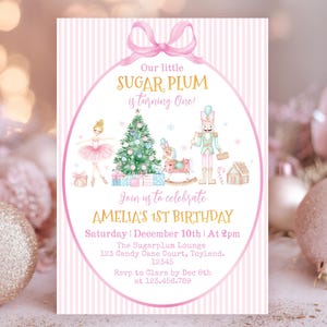 Nutcracker Birthday Invitation, Sugar Plum Party Template, Pink Fairy Christmas 1st Birthday Invite, Instant Download. N004