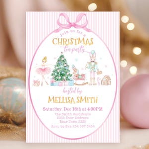 May include: A rectangular invitation card with a pink and white striped background featuring a central oval frame topped with a pink bow. The text reads Join us for a Christmas tea party hosted by Mellisa Smith, Saturday, Dec 18th at 4:00PM, The Smith Residence, 2335 Your Town 2335, Rsvp to Eva 234 567 3454. Illustrations include a ballerina, a Christmas tree, a rocking horse, a nutcracker, and a gingerbread house.