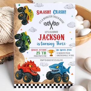 Faire-part d'anniversaire Monster Truck, invitation d'anniversaire garçon tout âge, dinosaure, super-héros, serpent et requin Monster Trucks, modèle imprimable. M012