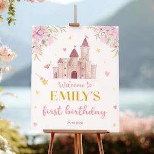 Cartello di compleanno a forma di castello da principessa, poster di benvenuto modificabile per il primo compleanno di una bambina, decorazioni floreali rosa per feste, modello stampabile personalizzato. P001