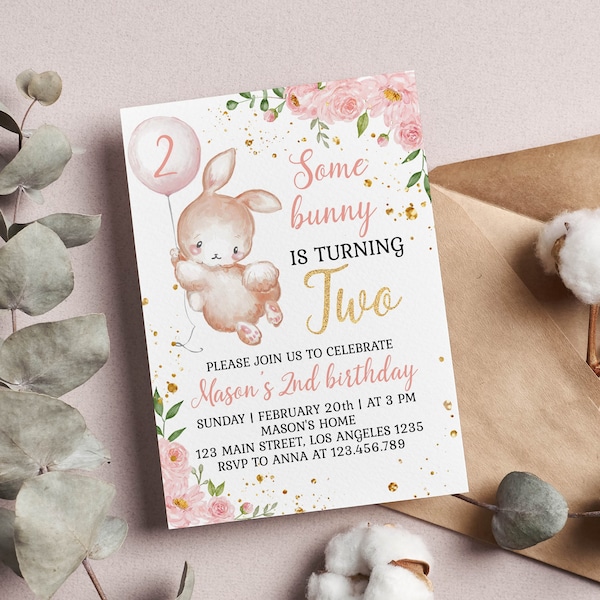 EDITABLE Some Bunny Is Two Invitation, Bunny Birthday Invitation, Pink Gold Bunny Girl Second Birthday Invite, Printable Template. R001