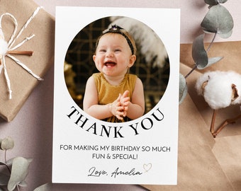 EDITABLE Photo Birthday Thank You Card, Minimal Picture Thank You Note, Simple Birthday Favor Card, Modern Gift Card, Instant Download. M004