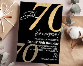 Shhh It's A Surprise Invitation, 70th Birthday Invitation For Women, Adult Birthday Invite, Surprise Birthday Invite, Editable Template M004