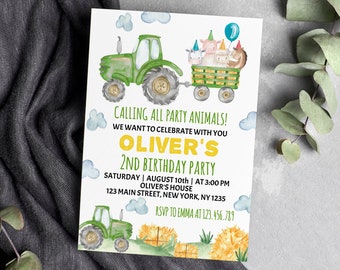 EDITABLE Tractor Birthday Invitation, Green Tractor Invitation, Boy 2nd Birthday Invite, Farm Birthday Invitation, Printable Template. #T003