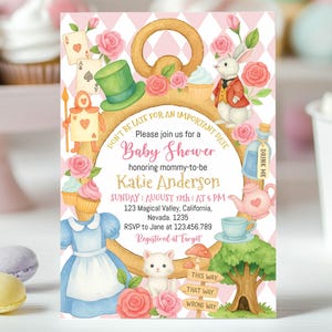 BEWERKBARE Alice in Wonderland babyshoweruitnodiging, babyshower theekransje nodigt uit, gemakkelijk aanpasbare en afdrukbare sjabloon. A013