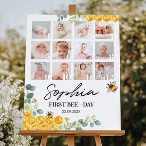 May include: A white rectangular milestone board featuring twelve square photo slots numbered one through twelve. The design includes watercolor honeycomb and daisy illustrations, a bee graphic, the name Sophia, and the text FIRST BEE - DAY 22.09.202X.