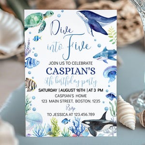Dive into Five Birthday Invitation, Boy Under the Sea 5th Birthday Invite, Ocean Animals Shark Whale Party Printable Template. O004