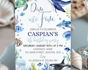 Dive into Five Birthday Invitation, Boy Under the Sea 5th Birthday Invite, Ocean Animals Shark Whale Party Printable Template. O004