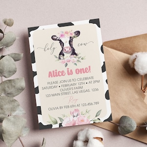 EDITABLE Holy Cow I&#39;m One Invitation, Cow 1st Birthday Invitation, Moo Cow Invitation, Farm Girl Birthday Party, Printable Template. #C004