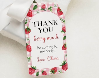 EDITABLE Strawberry Birthday Favor Tags, Strawberry First Birthday Thank You Tag, Berry Sweet Birthday Party Decor, Printable Template. B014