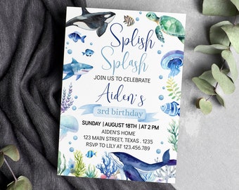EDITABLE Under The Sea Birthday Invitation , Ocean Third Birthday Invite, Ocean Animals Birthday Party, Printable Template. O004