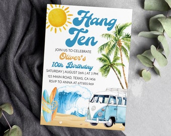 EDITABLE Hang One Birthday Invitation, Surf Birthday Party Invite, Boy 10th Birthday, Beach Party, Instant Download, Printable. S012