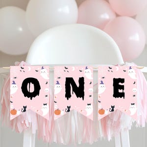 EDITABLE Spooky One Birthday High Chair Banner, Halloween 1st Birthday Highchair Banner, Pink Ghost Party Decor, Instant Download HA01