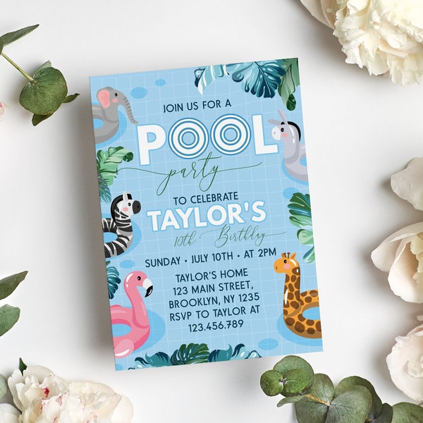 Editable Pool Party Invitation, Pool Party Birthday Invitation, Jungle Pool Party, Tropical Swimming Pool Invite, Instant Download. P003