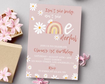 Editable Boho Rainbow 1st Birthday Invitation, Daisy First Birthday Invitation, Isn't She Lovely Isn't She Onederful, Instant Download. D004