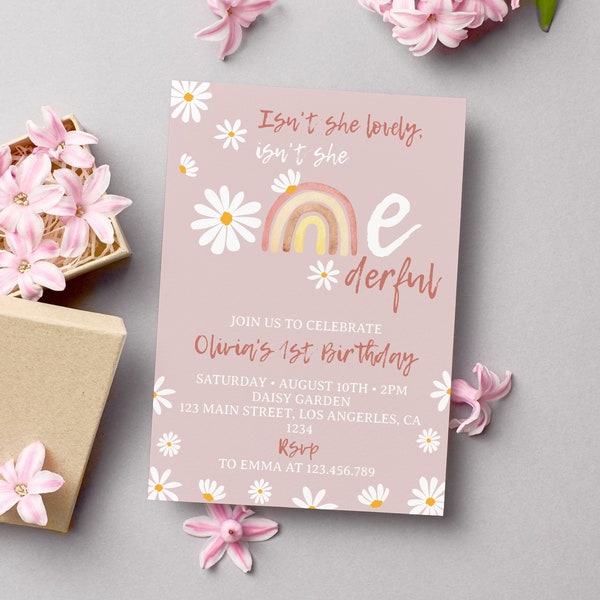 Editable Boho Rainbow 1st Birthday Invitation, Daisy First Birthday Invitation, Isn't She Lovely Isn't She Onederful, Instant Download. D004