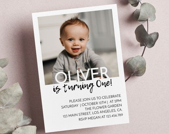 Minimalist First Birthday Invitation, Modern 1st Birthday Invite, Photo Birthday Invitation, Wild One Invitation, Editable Template. #M004