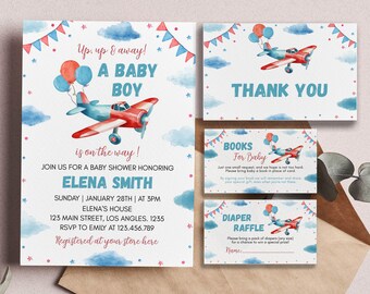 Editable Airplane Baby Shower Invitation Set, Up Up And Away, Boy Baby Shower Invite, Travel Baby Shower Invitation, Instant Download. A007