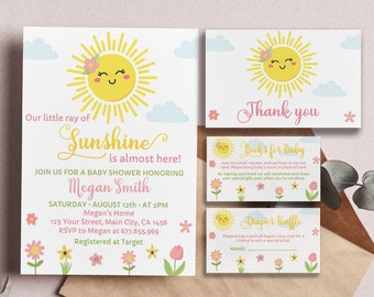 Editable Sunshine Baby Shower Invitation Set, Our Little Ray Of Sunshine Invitation, You Are My Sunshine Invite, Printable Template. #S006
