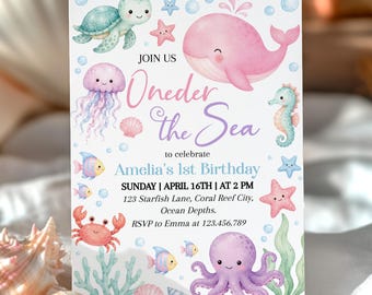 Editable Oneder the Sea Invitation | Under the Sea 1st Birthday Invite | Ocean Animals Birthday Template | Instant Download | O017