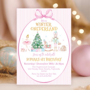 Zaproszenie na urodziny Winter Onederland, szablon imprezy z motywem Dziadka do Orzechów i Cukrowej Śliwki, zaproszenie na pierwsze urodziny z motywem Różowej Wróżki do wydrukowania. N004
