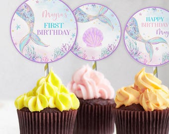 Editable Mermaid Birthday Cupcake Toppers, Under The Sea Birthday Party Decorations, Pastel Party Decor, Editable Printable Template. M010