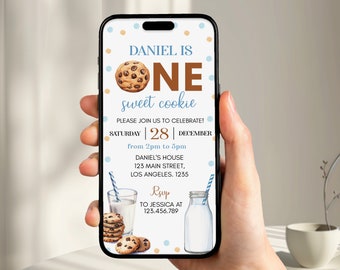 EDITABLE Milk and Cookies First Birthday Invitation, Boy 1st Birthday Party Evite, One Sweet Cookie Printable Digital Template. C010