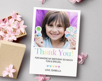 EDITABLE Photo Birthday Thank You Card, Pastel Birthday Picture Thank You Card, Rainbow Birthday Favor Card, Instant Download. #P005