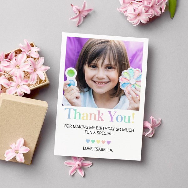 EDITABLE Photo Birthday Thank You Card, Pastel Birthday Picture Thank You Card, Rainbow Birthday Favor Card, Instant Download. #P005