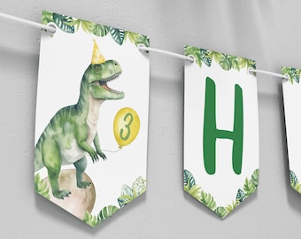 Editable Dinosaur Birthday Banner, Dinosaur Party Banner, Dinosaur Birthday Decor, Three Rex Birthday, Any Age, Instant Download. D002