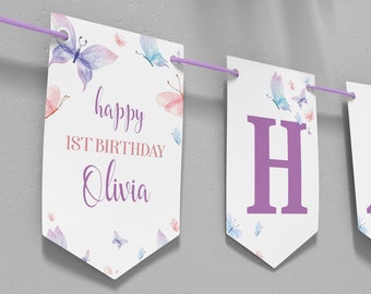 Editable Butterfly Happy Birthday Banner, Butterfly 1st Birthday Banner, Fairy Floral Garden Butterfly Party Decor, Printable Template. B003