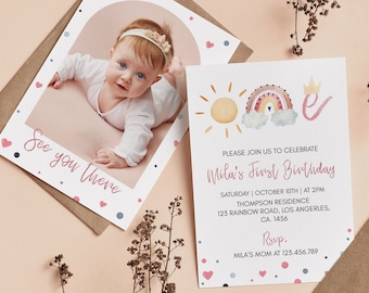 Editable Sunshine Rainbow First Birthday Invitation, Boho Rainbow 1st Birthday Invite with Photo, Customizable Printable Template. #R003