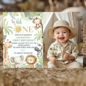 Wild One 1st Birthday Photo Invitation, Safari First Birthday Invite, Safari Wild One Birthday Invitation, Editable & Printable. A010