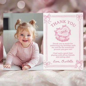EDITABLE Pink Bow 1st Birthday Thank You Card, Blush Pink Coquette First Birthday Picture Thank You Card, Girl Birthday Party, Printable.