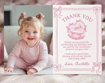 EDITABLE Pink Bow 1st Birthday Thank You Card, Blush Pink Coquette First Birthday Picture Thank You Card, Girl Birthday Party, Printable.