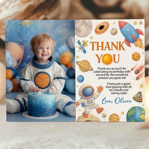 EDITABLE Outer Space Thank You Card, Galaxy Birthday Photo Thank You, First Trip Around The Sun Favor Card Template, Instant Download. O016