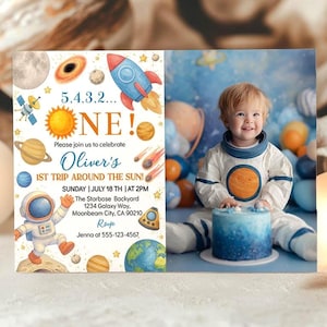 First Trip Around The Sun Birthday Invitation, Outer Space 1st Birthday Invite, Boy Birthday Party Invitation, Printable Template. O016